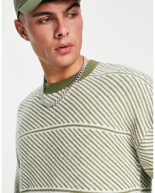 New Look stripe crew neck sweater in light khaki-