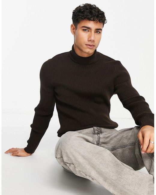 New Look ribbed muscle fit turtle neck sweater in dark