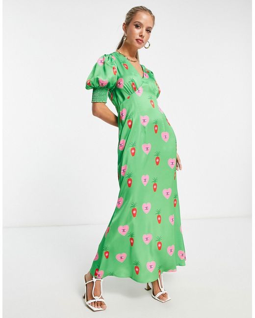 Never Fully Dressed puff sleeve midaxi dress in green heart print-