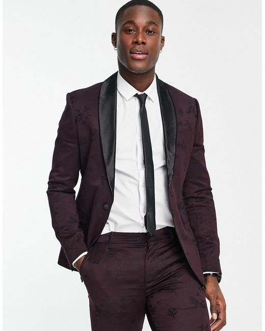 New Look skinny suit jacket in burgundy jacquard-