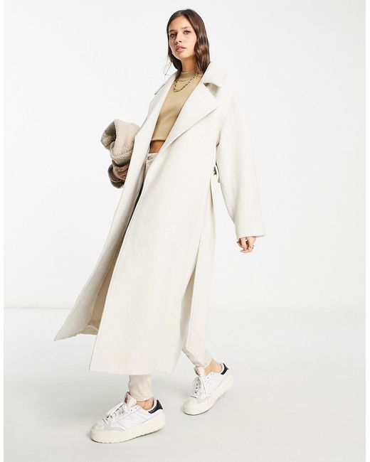 ASOS Edition belted longline wool mix coat in cream-