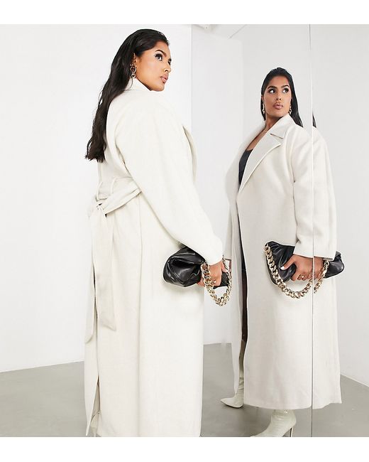 ASOS Edition Curve belted longline wool mix coat in cream-