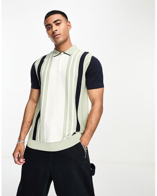 Selected Homme knit polo in sage with stripe-