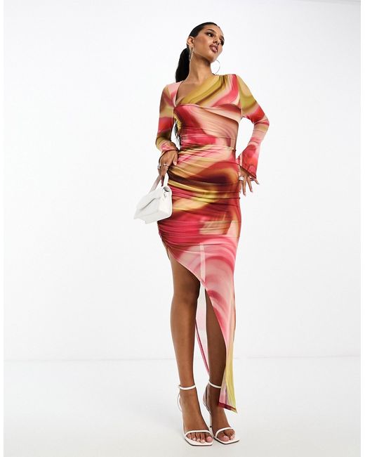 Asos Design mesh asymmetric cut out midi dress in smudge print-