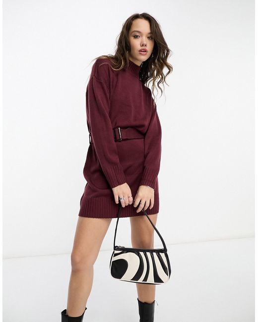 Violet Romance belted knitted sweater dress in chocolate