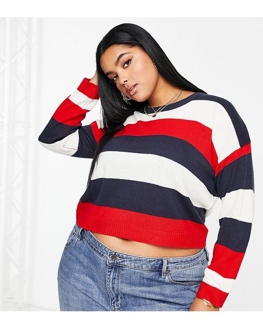 Brave Soul Plus chess boxy sweater in multi stripewhite/red/navy
