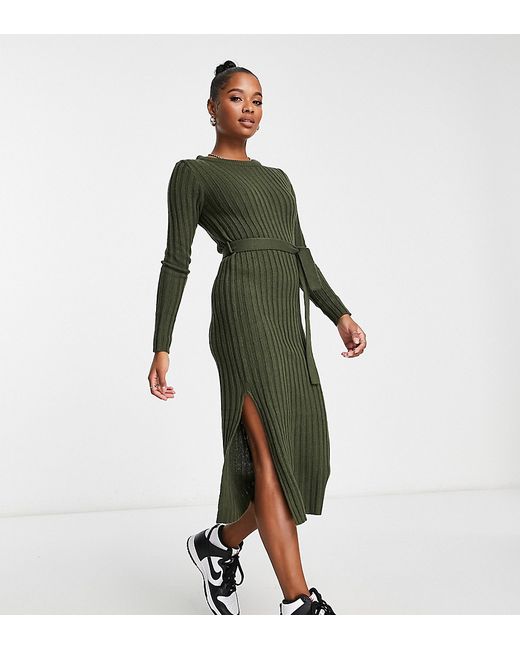 Brave Soul Petite eddie knitted dress with slit in khaki-