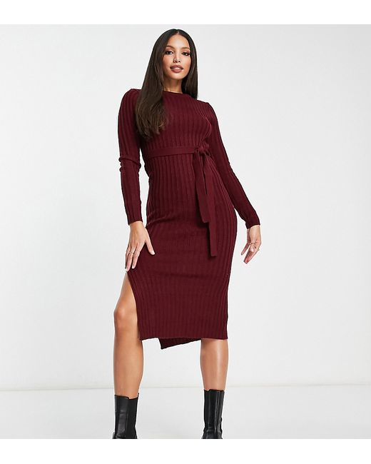 Brave Soul eddie knitted dress with slit in burgundy-