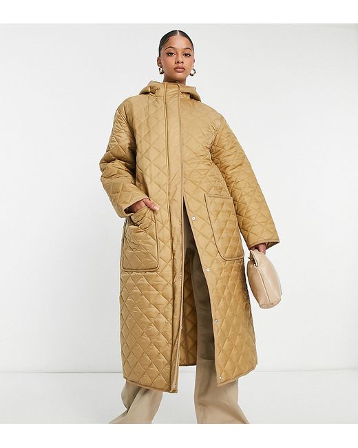 ASOS Tall DESIGN Tall longline quilted coat in camel-