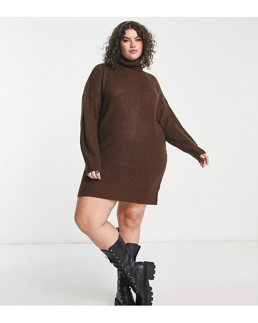 Violet Romance Curve Violet Romance Plus roll neck knitted sweater dress in chocolate