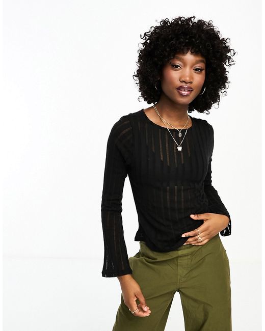 Pieces sheer stripe flared sleeve top in