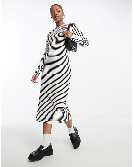 Pieces Exclusive midi T-shirt dress in black white stripe-