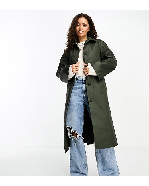 ASOS Petite DESIGN Petite wax trench with cord collar in olive-
