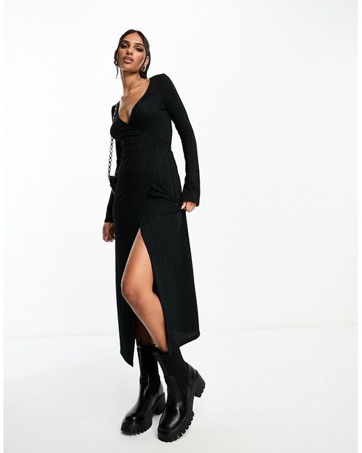 Asos Design long sleeve textured wrap midi dress with tie side in