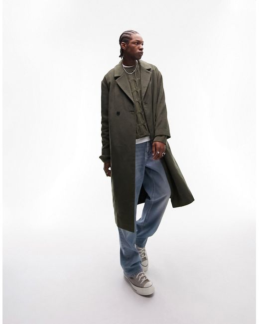 Topman oversized belted wool coat in khaki-