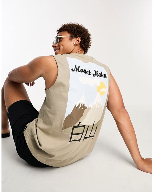 Only & Sons oversized tank top with Japanese mountain print in khaki-