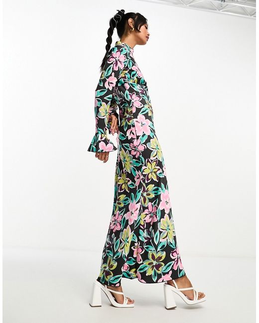 Vila floral high neck maxi dress with cuff detail-