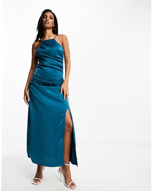 Y.A.S Bridesmaid satin cami maxi dress with ruching detail in deep teal