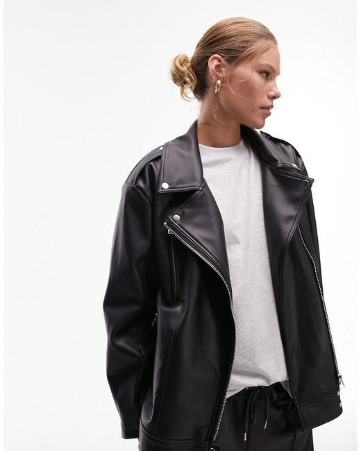 TopShop faux leather super oversized biker jacket in