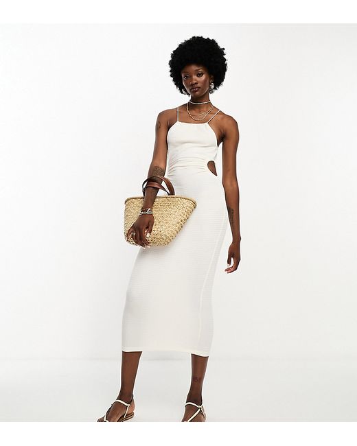 JDY Tall exclusive halterneck cut out side linen look midi dress in