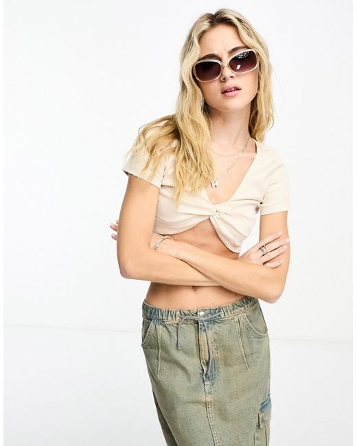 Noisy May knot front crop top in cream-