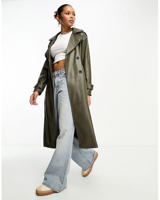 Pull & Bear belted faux leather trench coat in khaki-