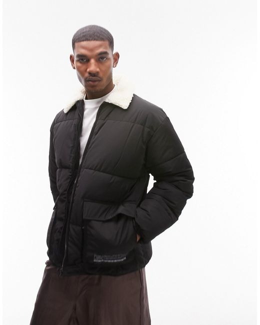 Topman puffer jacket with borg collar in