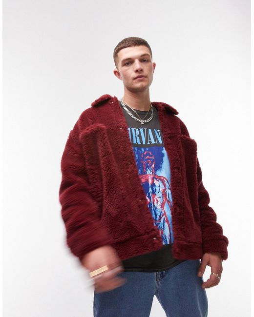 Topman faux fur western jacket in burgundy-