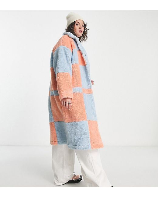 Native Youth Plus oversized longline coat in checkerboard shearling-