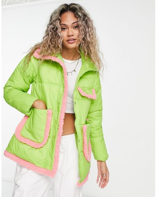 Native Youth padded jacket with contrast binding in lime-