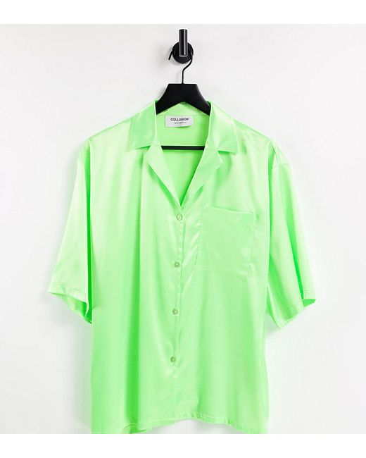Collusion satin camp collar shirt in neon part of a set