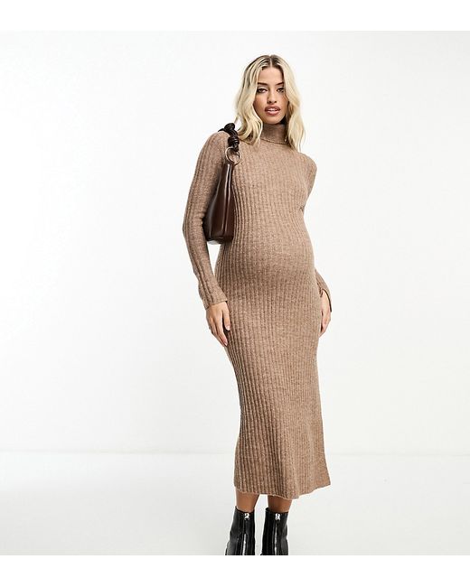 ASOS Maternity DESIGN Maternity knit maxi dress with high neck and side slit in camel-