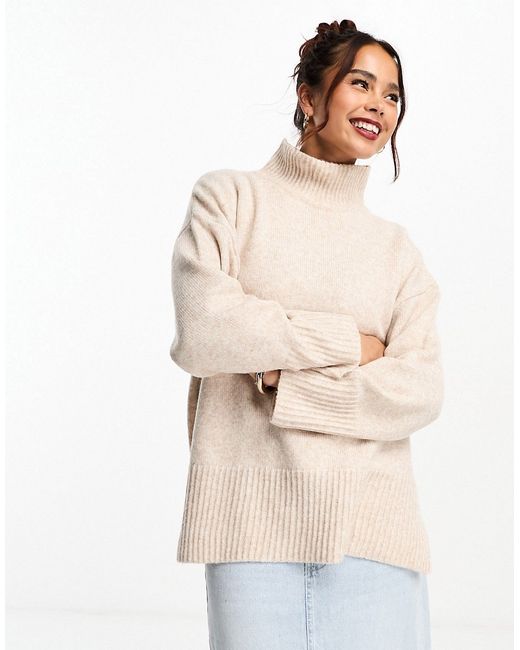 Asos Design longline sweater with high neck in oatmeal-