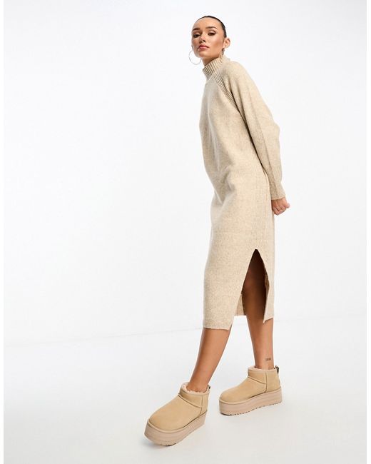 Asos Design knitted oversized midi dress with high neck in stone-