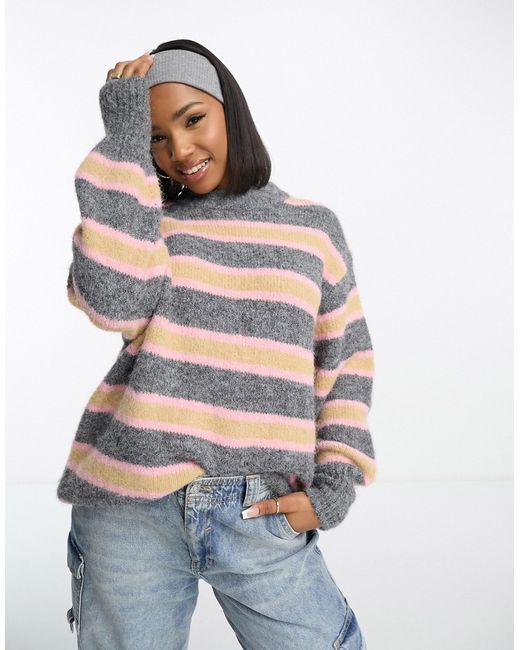 Asos Design oversized sweater in stripe gray and pink-