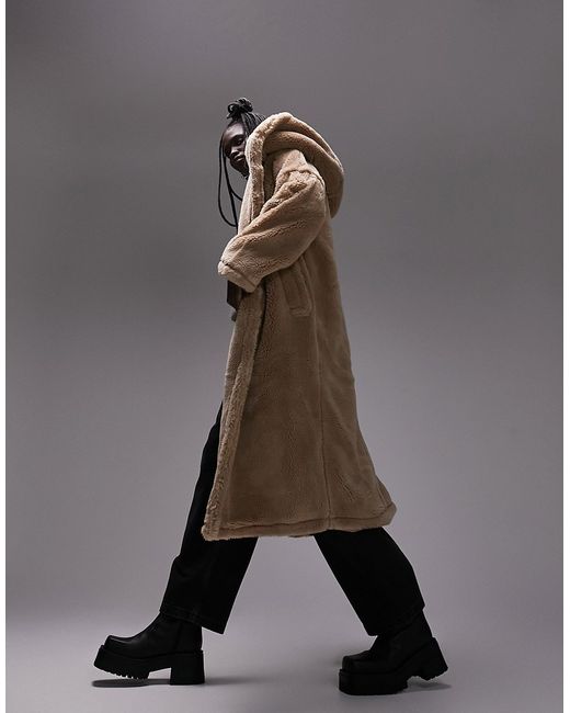 TopShop hooded borg coat in camel-