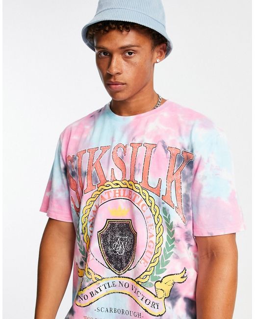 SikSilk oversized t-shirt in pink tie dye with varsity print part of a set-