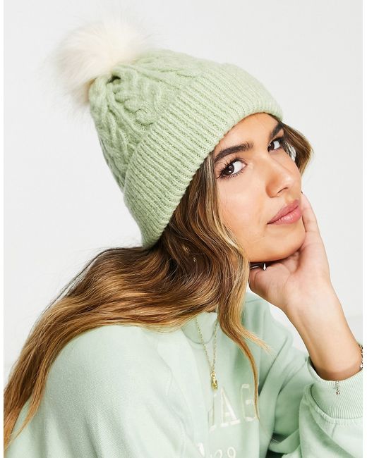 Asos Design cable knit beanie with faux fur pom in sage-