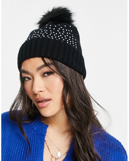 Asos Design beanie with diamante detailing and faux fur pom in