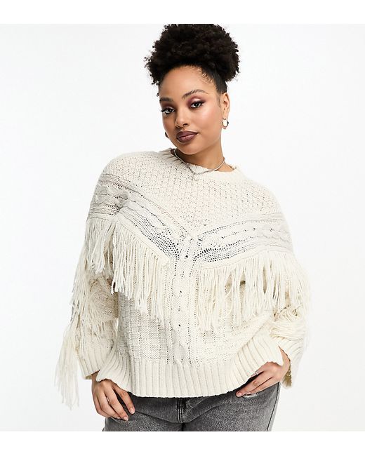 ASOS Curve DESIGN Curve sweater in cable with fringe detail cream-