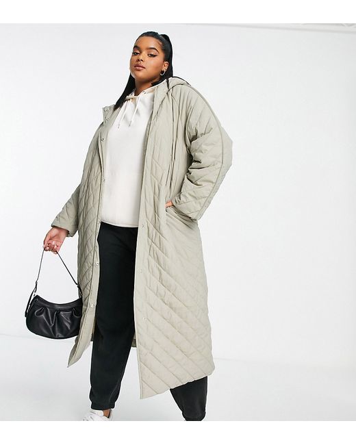 ASOS Curve DESIGN Curve longline chevron quilted jacket with teddy borg lining in stone-