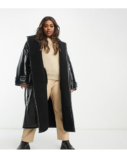 ASOS Curve DESIGN Curve oversized bonded borg and vinyl trench coat in
