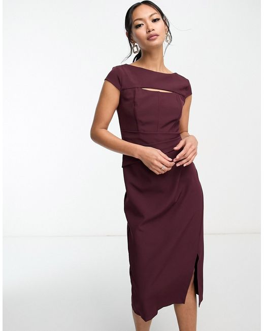 Lipsy corsetted cut out midi dress in burgundy-