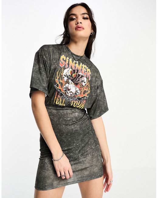 Asos Design bodycon t-shirt dress with oversized top sinner graphic in gray-