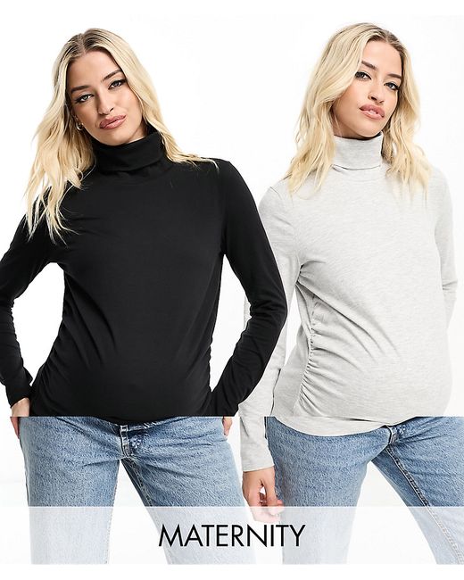 Threadbare Maternity 2 pack high neck long sleeve top in and gray