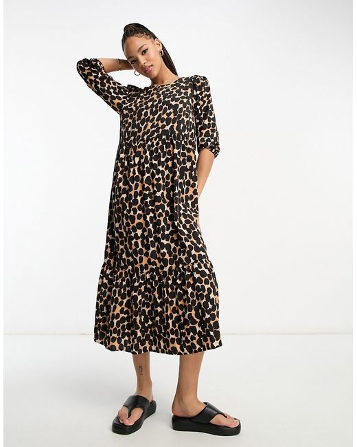 New Look puff sleeve smock midi dress in leopard print-