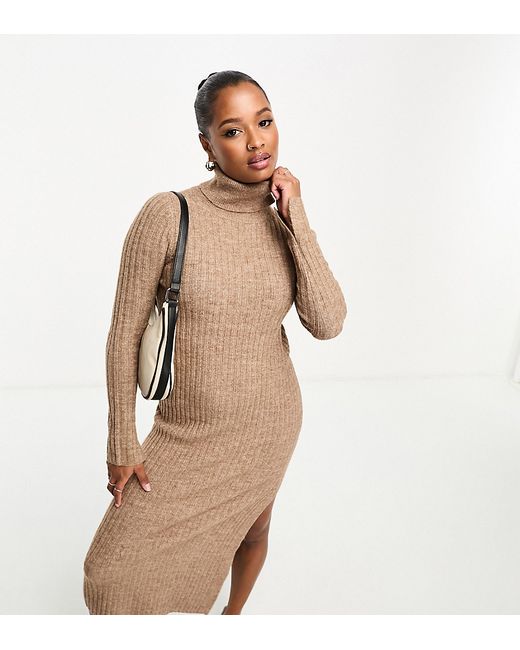 ASOS Petite DESIGN Petite knit maxi dress with high neck and side split in camel-