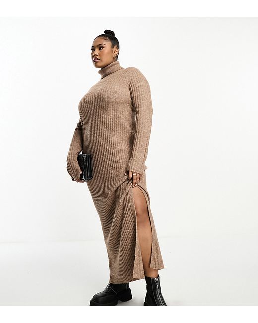 ASOS Curve DESIGN Curve knit maxi dress with high neck and side split in camel-
