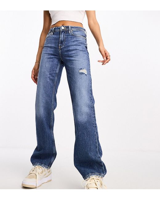 River Island Petite high waist straight leg jeans in mid wash