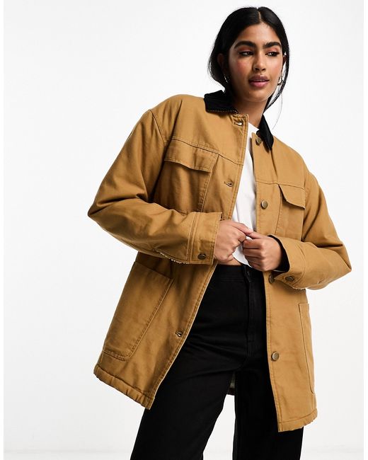 Asos Design canvas jacket with borg lining and cord collar in tan-